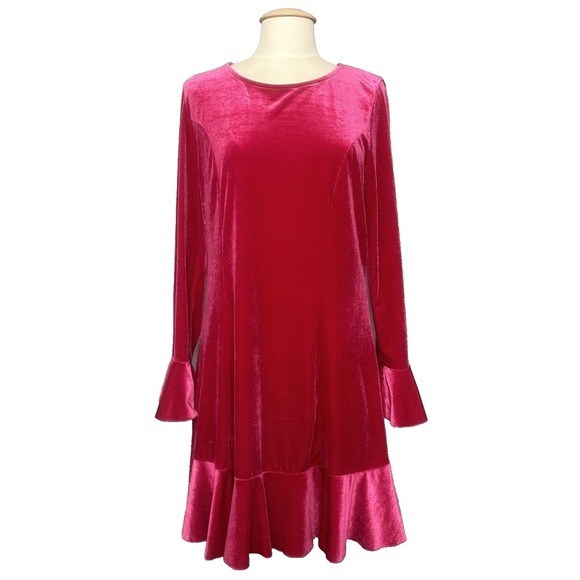 See and Be Seen Women Dress L Cassini Hot Pink Velvet Shift Ruffle Hem Retro - Picture 1 of 16
